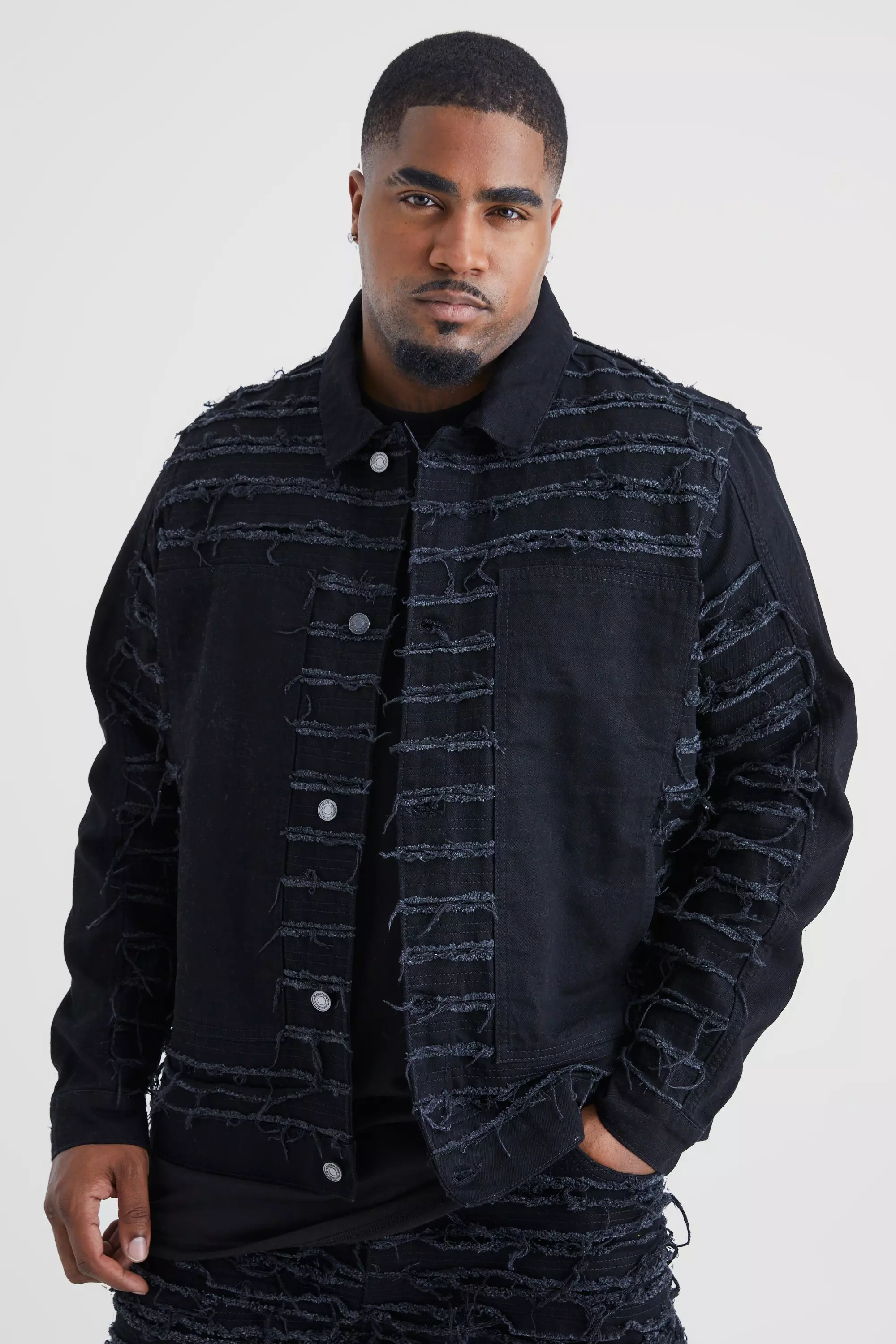 Mens black denim jacket distressed hotsell